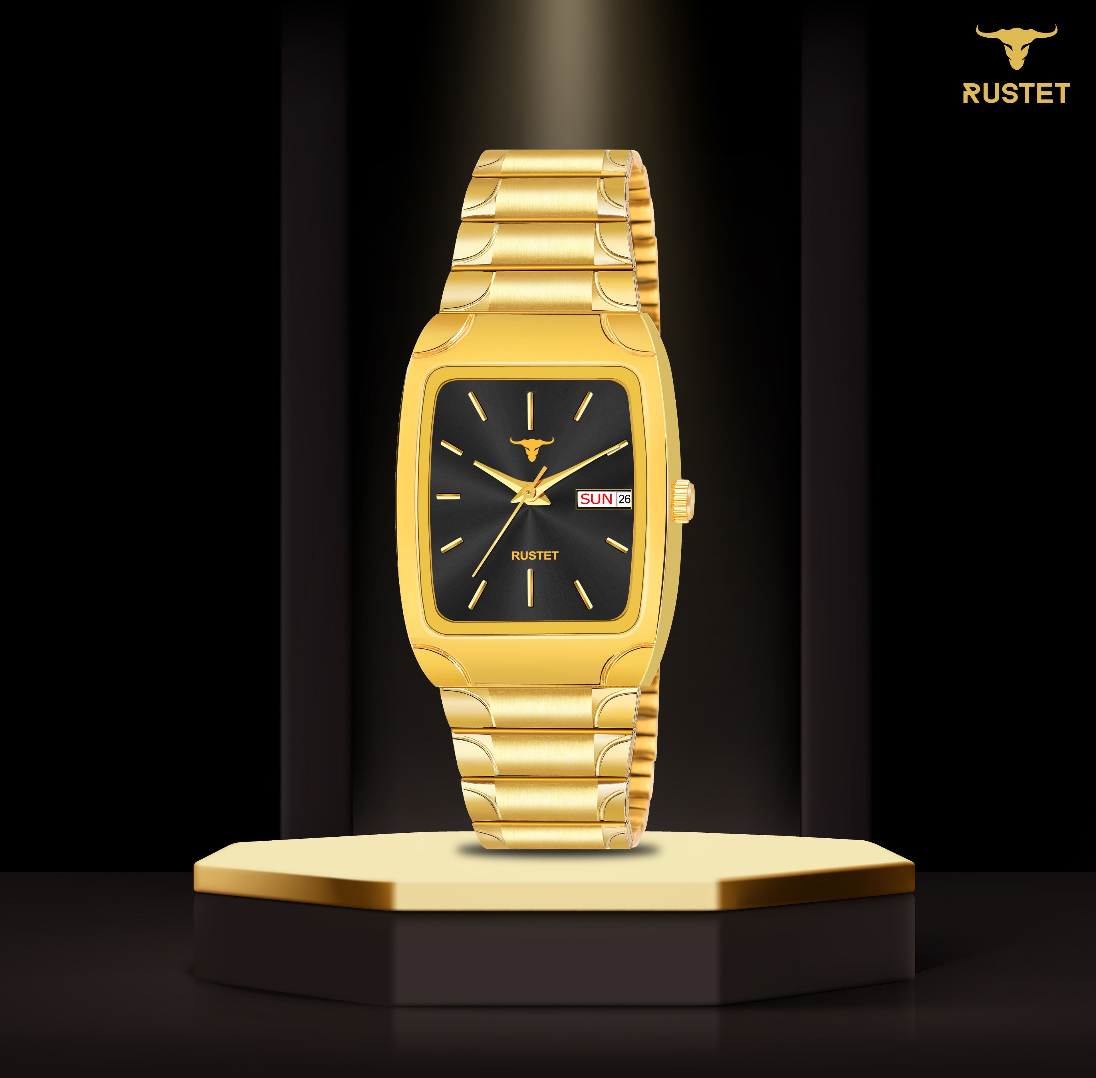 RUSTET IGP1107-BLACK Waterproof Gold Square Dial Day and Date Boy's & Men's Analog Watch - For Men