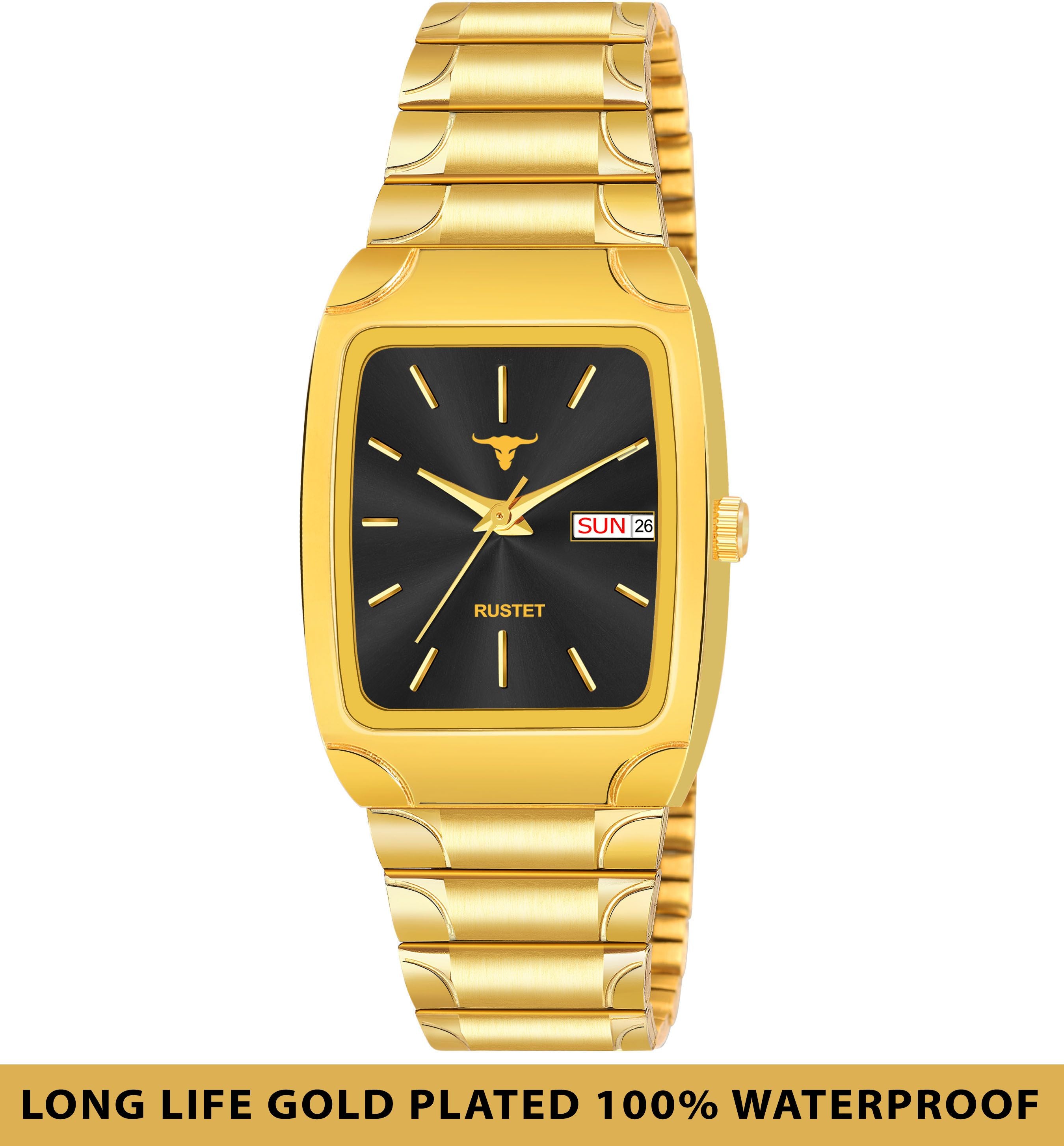 RUSTET IGP1107-BLACK Waterproof Gold Square Dial Day and Date Boy's & Men's Analog Watch - For Men