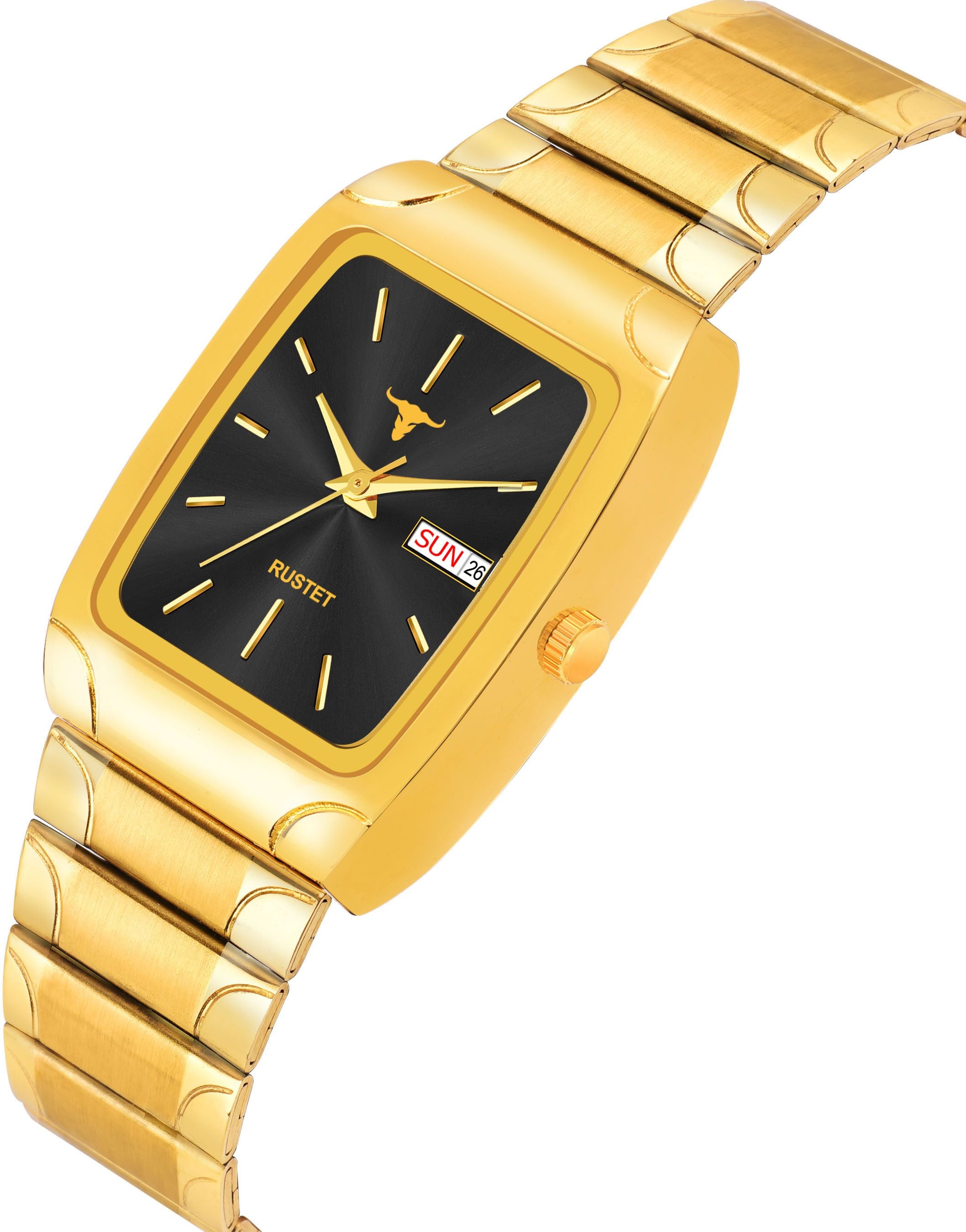 RUSTET IGP1107-BLACK Waterproof Gold Square Dial Day and Date Boy's & Men's Analog Watch - For Men