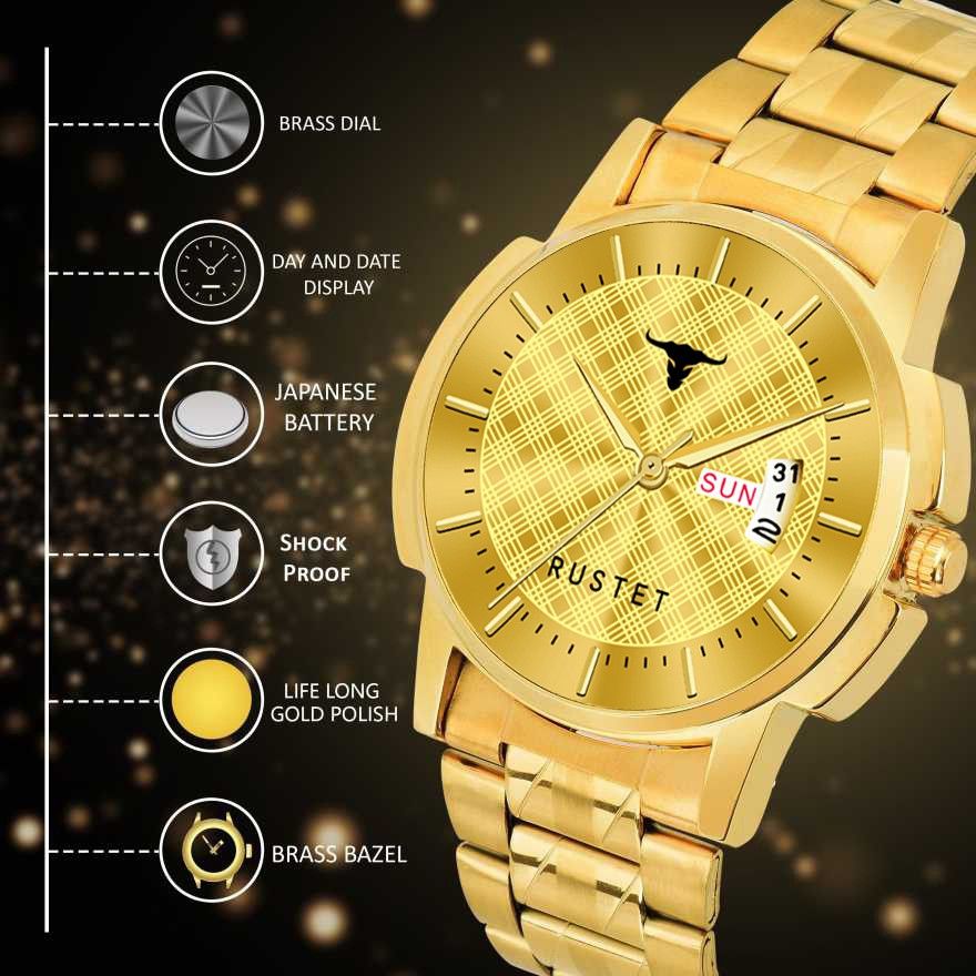 RUSTET LS3890 ORIGINAL GOLD PLATED DAY & DATE FUNCTIONING WATCH FOR BOYS Analog Watch - For Men