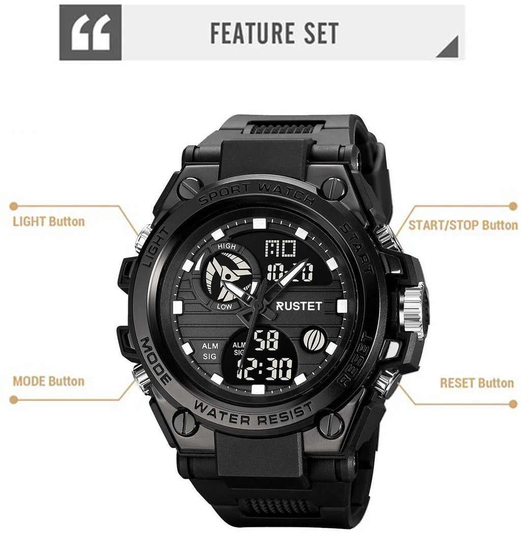 RUSTET Sports Watch with PU Strap 5 ATM Waterproof Analog-Digital Watch - For Men