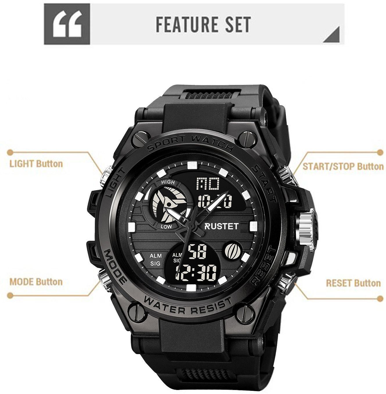RUSTET Sports Watch with PU Strap 5 ATM Waterproof Analog-Digital Watch - For Men