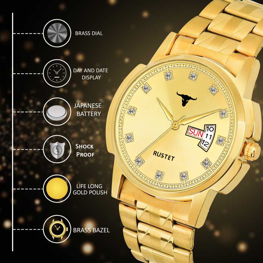 RUSTET RSTET-LS4020 ORIGINAL GOLD PLATED DAY & DATE FUNCTION WATCH FOR BOYS Analog Watch - For Men